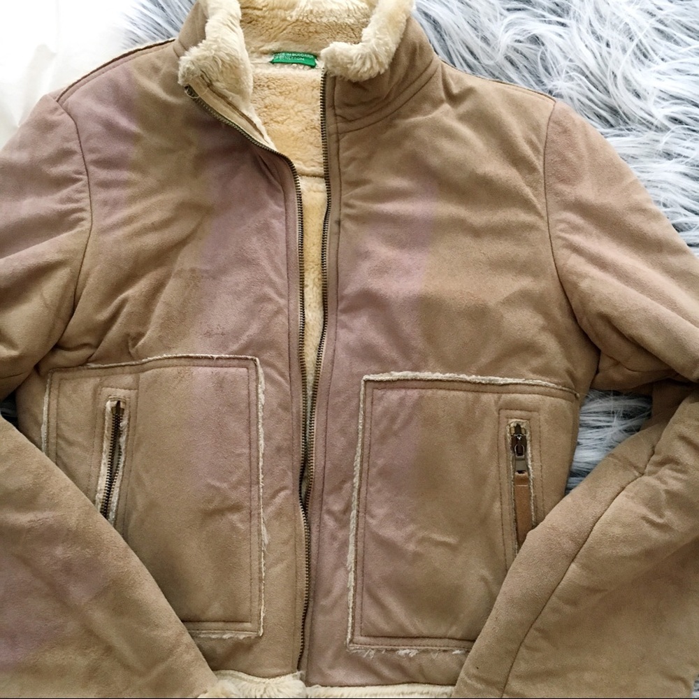 United Colors of Benetton Tan Bomber Style Suede Jacket with Faux Fur Jacket